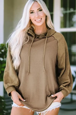 Outlet Dear-Lover Waffled Expose Seam Drawstring Hoodie Khaki