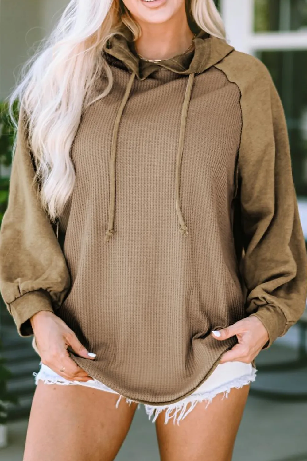 Outlet Dear-Lover Waffled Expose Seam Drawstring Hoodie Khaki