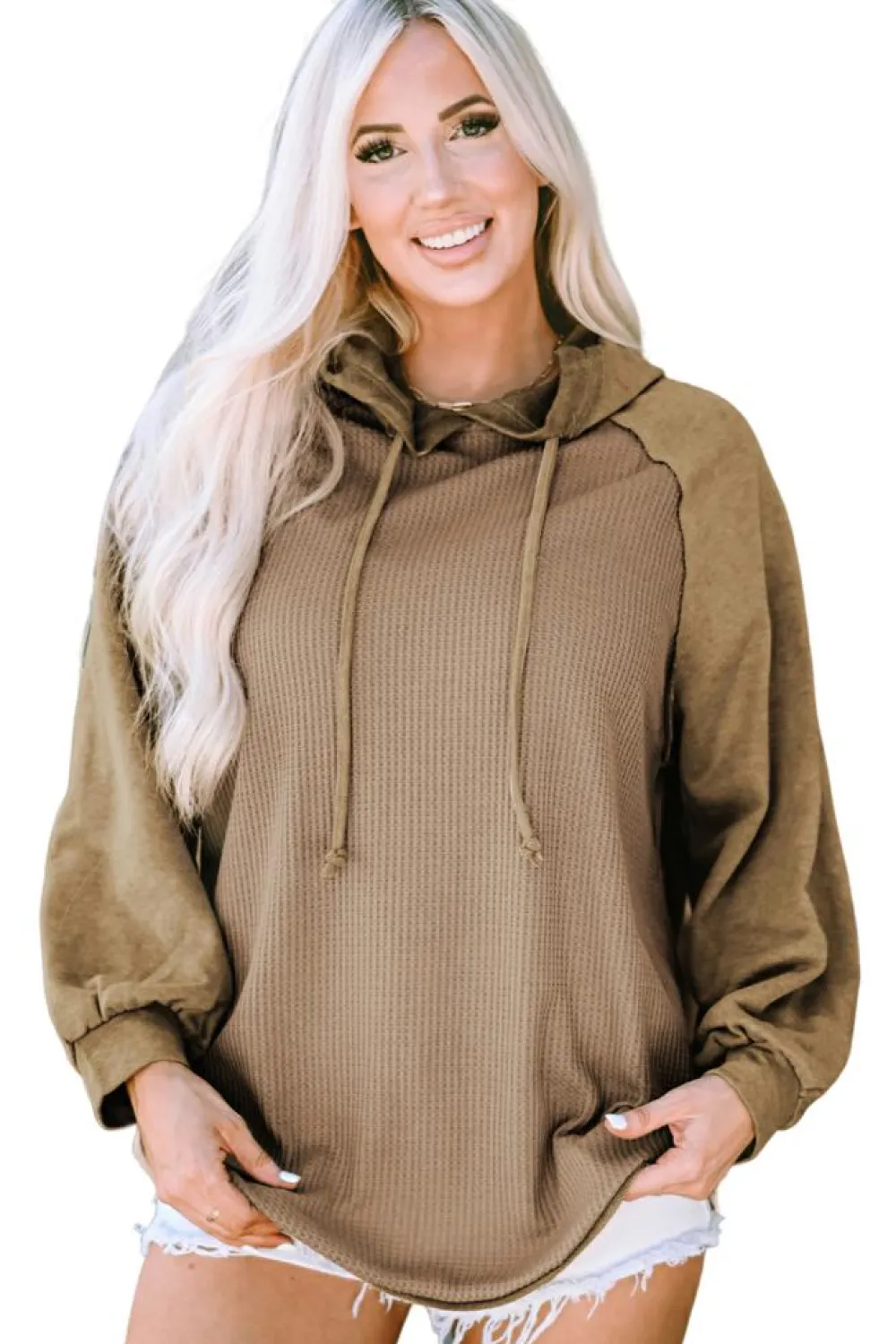 Outlet Dear-Lover Waffled Expose Seam Drawstring Hoodie Khaki