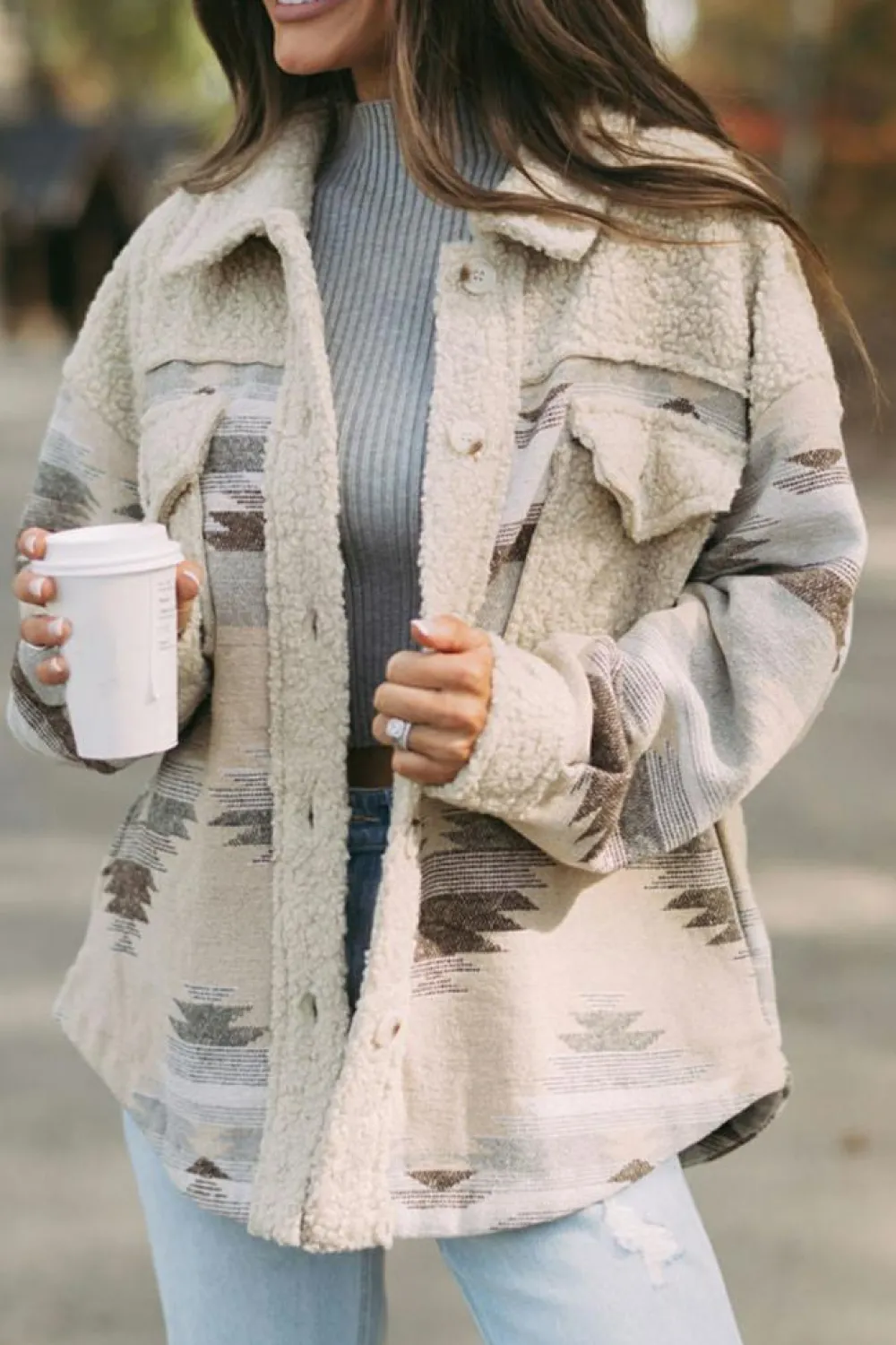 Best Dear-Lover Western Aztec Print Sherpa Splicing Buttoned Flap Pocket Coat Khaki