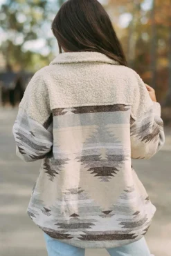 Best Dear-Lover Western Aztec Print Sherpa Splicing Buttoned Flap Pocket Coat Khaki