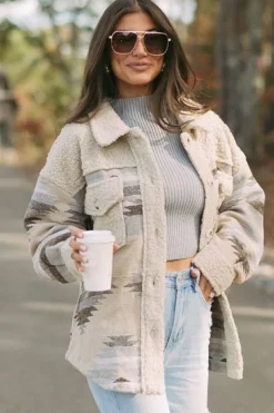 Best Dear-Lover Western Aztec Print Sherpa Splicing Buttoned Flap Pocket Coat Khaki