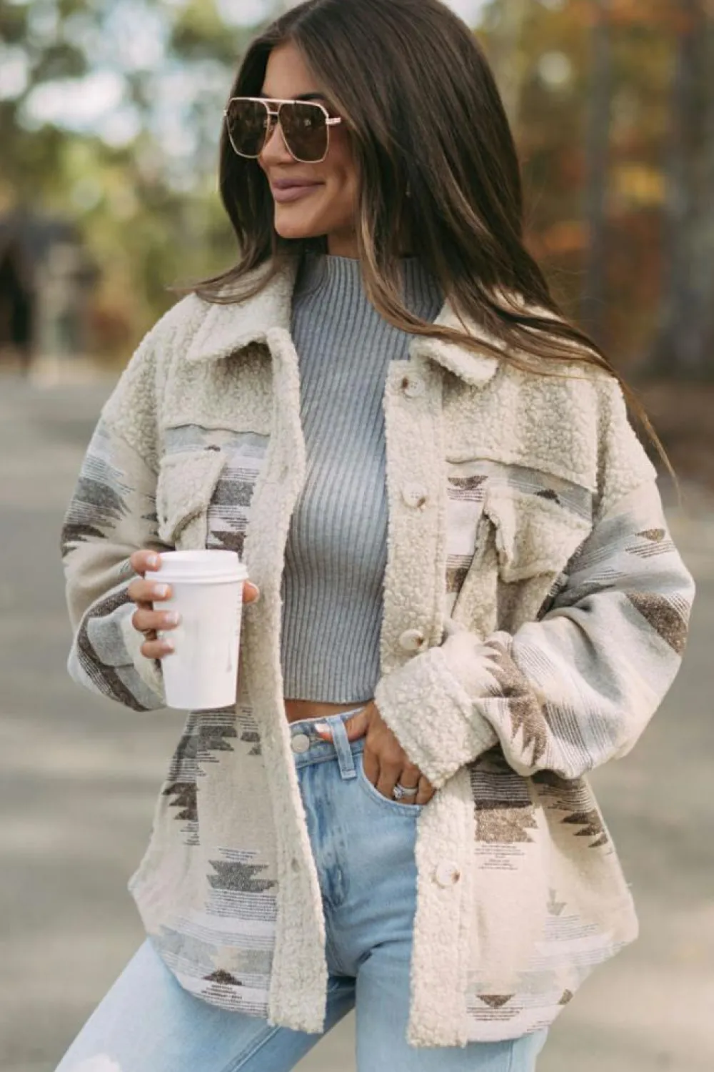 Best Dear-Lover Western Aztec Print Sherpa Splicing Buttoned Flap Pocket Coat Khaki