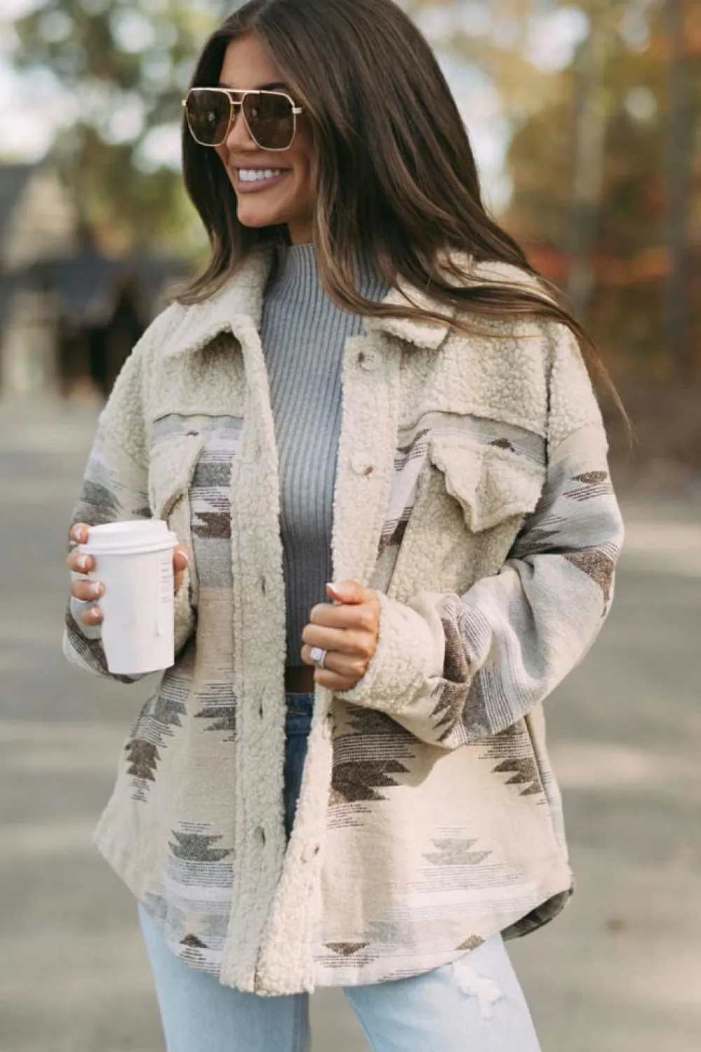 Best Dear-Lover Western Aztec Print Sherpa Splicing Buttoned Flap Pocket Coat Khaki