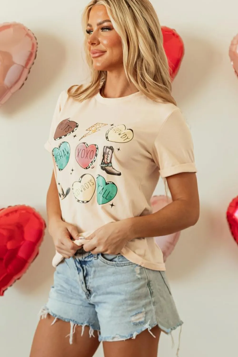Fashion Dear-Lover Western Fashion Valentine Graphic T-shirt Khaki