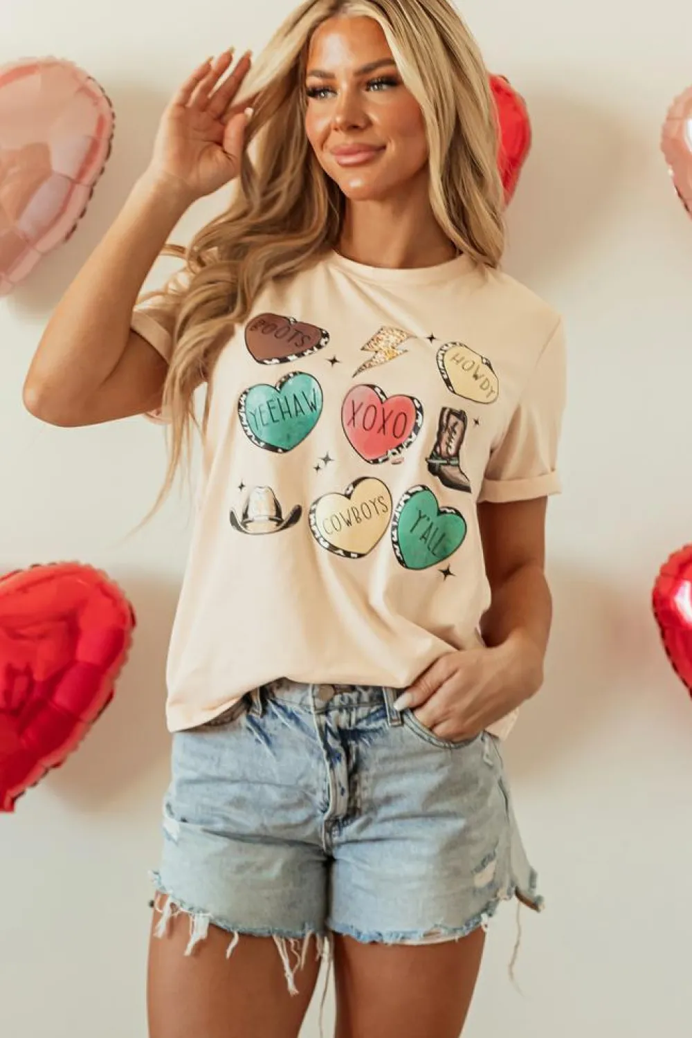 Fashion Dear-Lover Western Fashion Valentine Graphic T-shirt Khaki