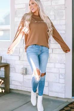 Hot Dear-Lover You Are Loved Print Corduroy Sweatshirt Khaki