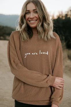 Hot Dear-Lover You Are Loved Print Corduroy Sweatshirt Khaki