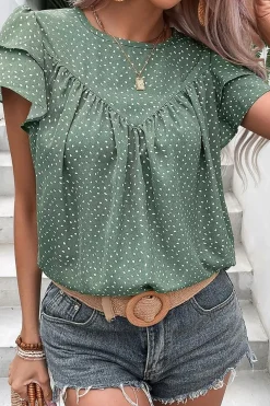 Discount Dear-Lover Dotted Ruffle Sleeve Crew Neck Ruched Blouse Laurel Green