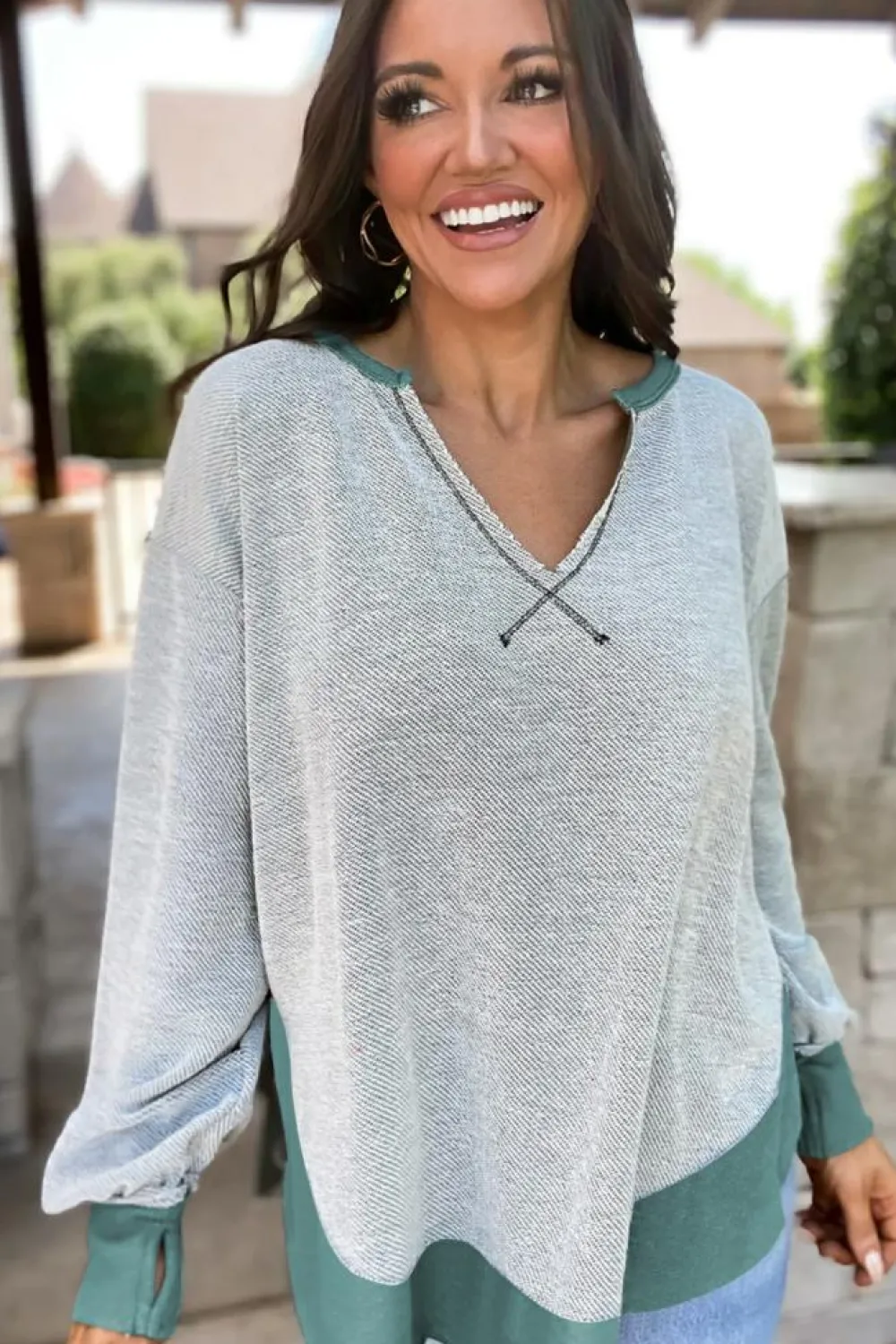 Clearance Dear-Lover Exposed Seam Contrast Edge Notched Neck Sweatshirt Laurel Green
