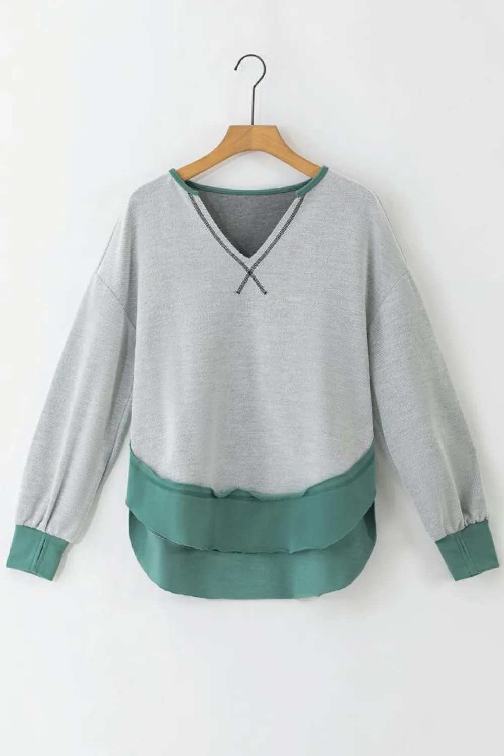 Clearance Dear-Lover Exposed Seam Contrast Edge Notched Neck Sweatshirt Laurel Green