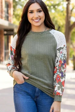 Best Dear-Lover Floral Patchwork Long Sleeve Ribbed Blouse Laurel Green