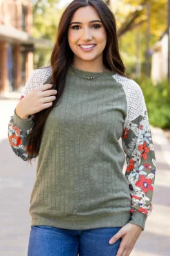 Best Dear-Lover Floral Patchwork Long Sleeve Ribbed Blouse Laurel Green