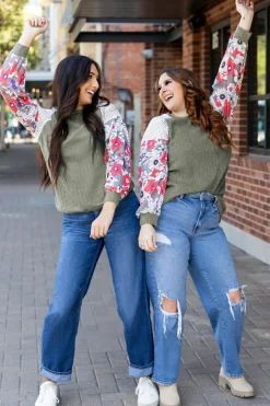 Best Dear-Lover Floral Patchwork Long Sleeve Ribbed Blouse Laurel Green