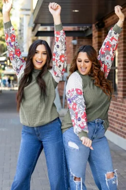 Best Dear-Lover Floral Patchwork Long Sleeve Ribbed Blouse Laurel Green
