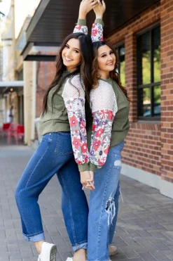 Best Dear-Lover Floral Patchwork Long Sleeve Ribbed Blouse Laurel Green