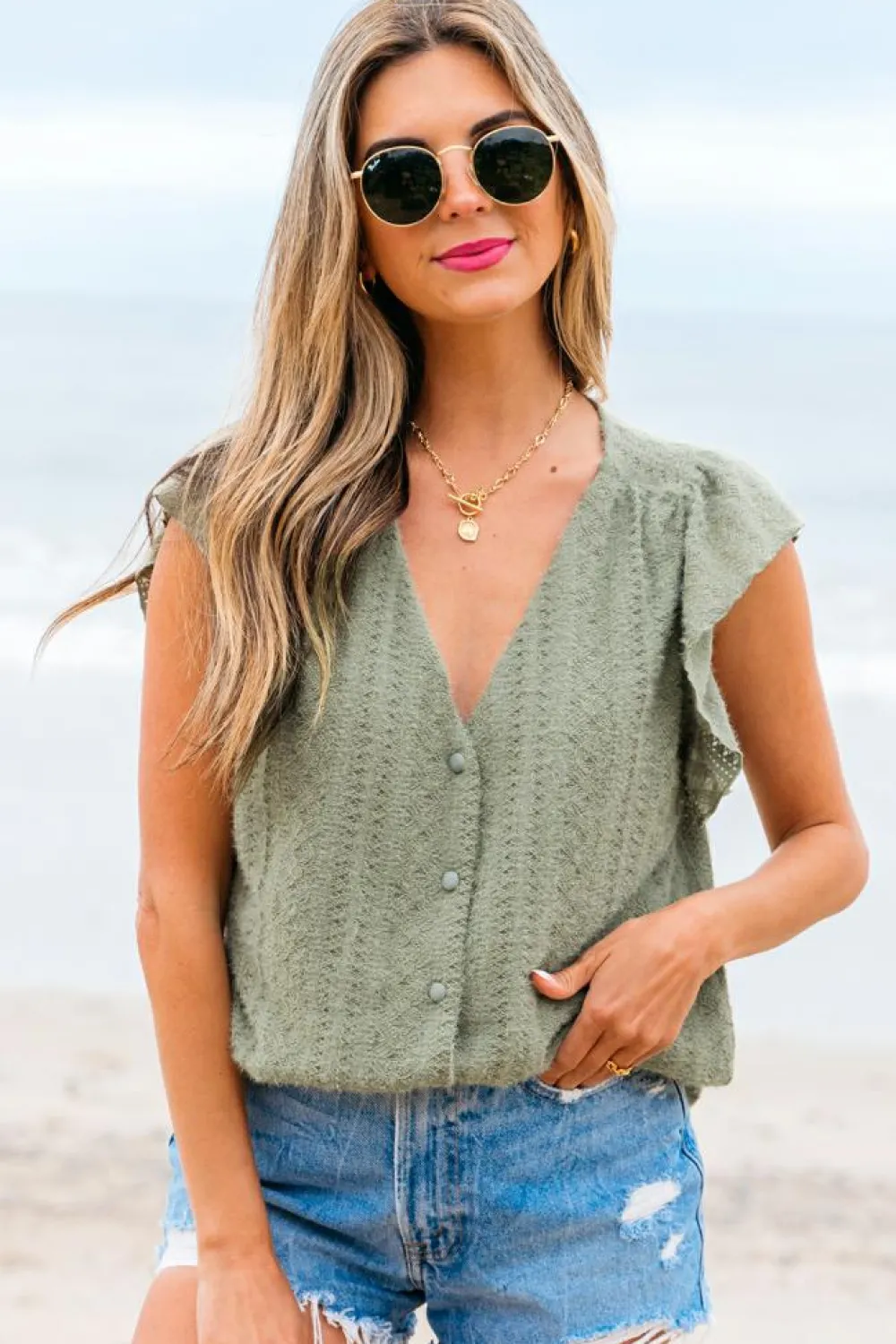 Outlet Dear-Lover Flutter Sleeve Lace V Neck Shirt Laurel Green