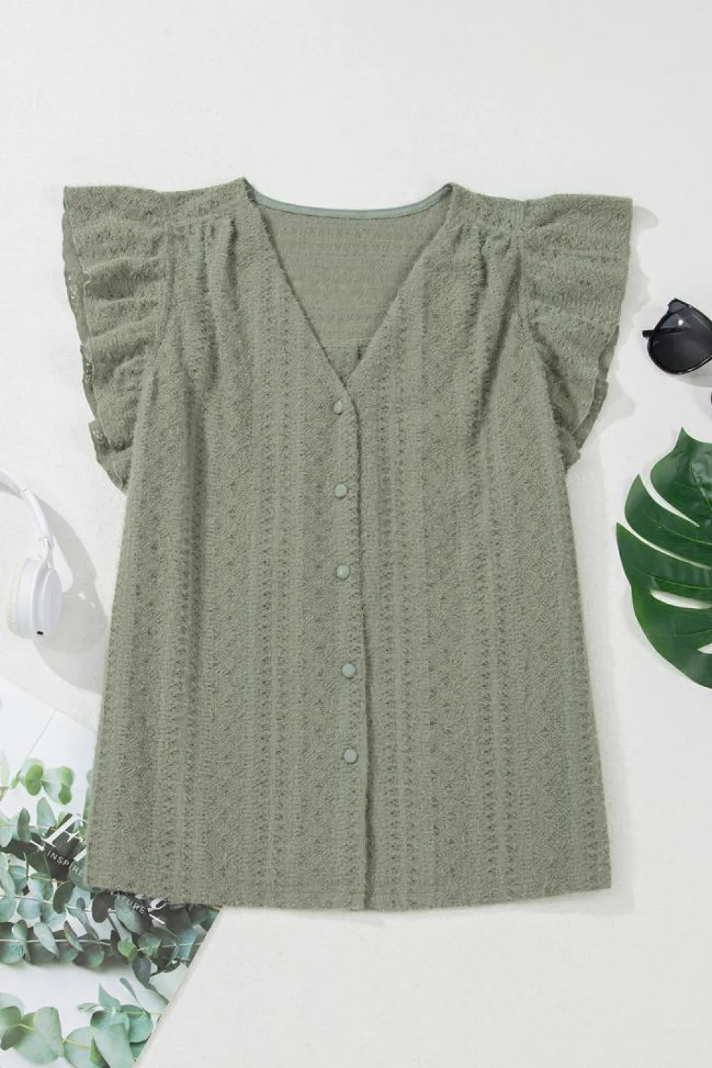 Outlet Dear-Lover Flutter Sleeve Lace V Neck Shirt Laurel Green