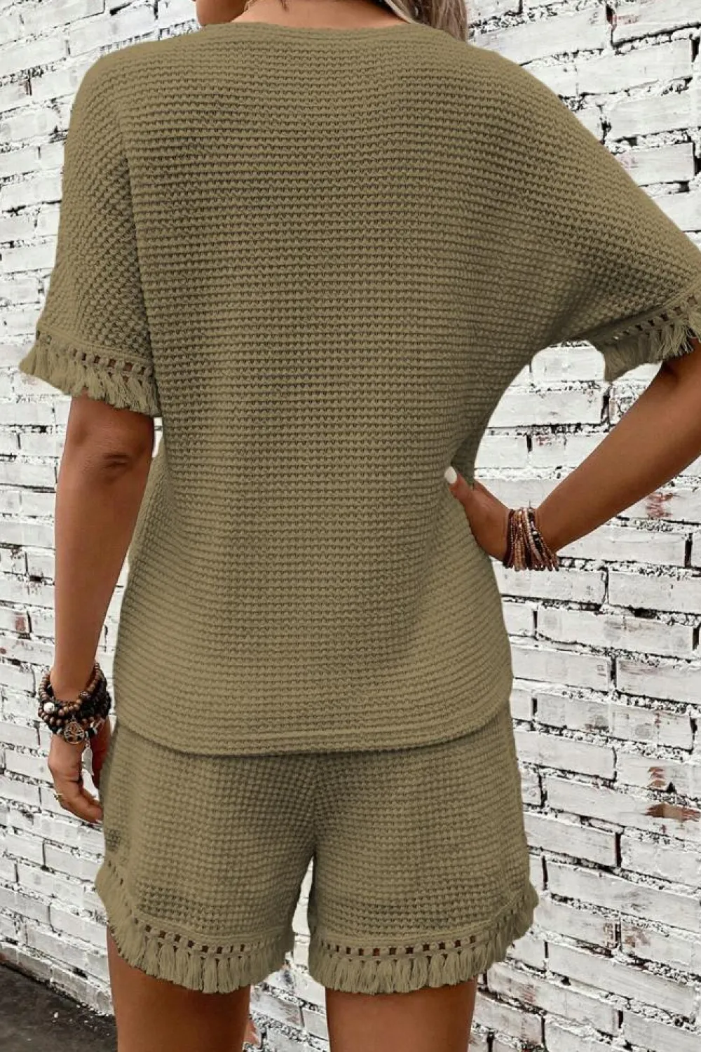 Outlet Dear-Lover Fringe Trim Textured Short Two Piece Set Laurel Green