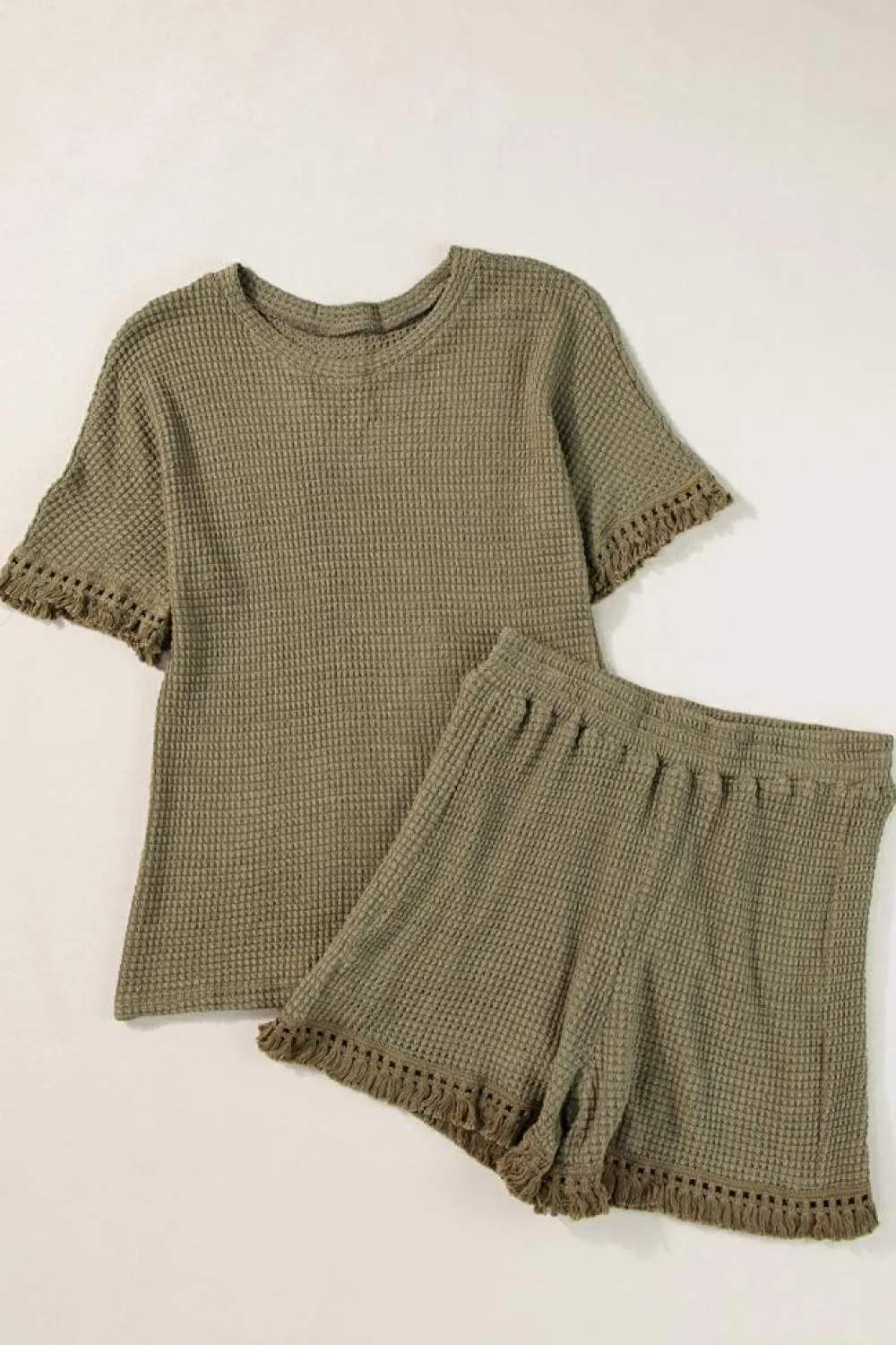 Outlet Dear-Lover Fringe Trim Textured Short Two Piece Set Laurel Green