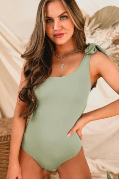Discount Dear-Lover Knotted One Shoulder Hollow-out One-piece Swimsuit Laurel Green