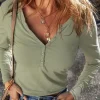 Discount Dear-Lover Long Sleeve Buttons V Neck Slim Fit Top Laurel Green