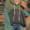 Best Dear-Lover Mixed Textured Colorblock Patchwork Wide Sleeve Frayed High Low Hooded Top Laurel Green