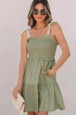 Sale Dear-Lover Smocked Bodice Self-tie Straps A-line Ruffled Mini Dress Laurel Green