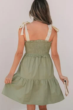 Sale Dear-Lover Smocked Bodice Self-tie Straps A-line Ruffled Mini Dress Laurel Green