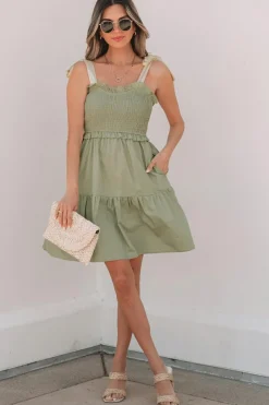 Sale Dear-Lover Smocked Bodice Self-tie Straps A-line Ruffled Mini Dress Laurel Green
