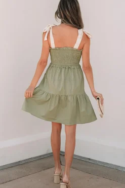 Sale Dear-Lover Smocked Bodice Self-tie Straps A-line Ruffled Mini Dress Laurel Green
