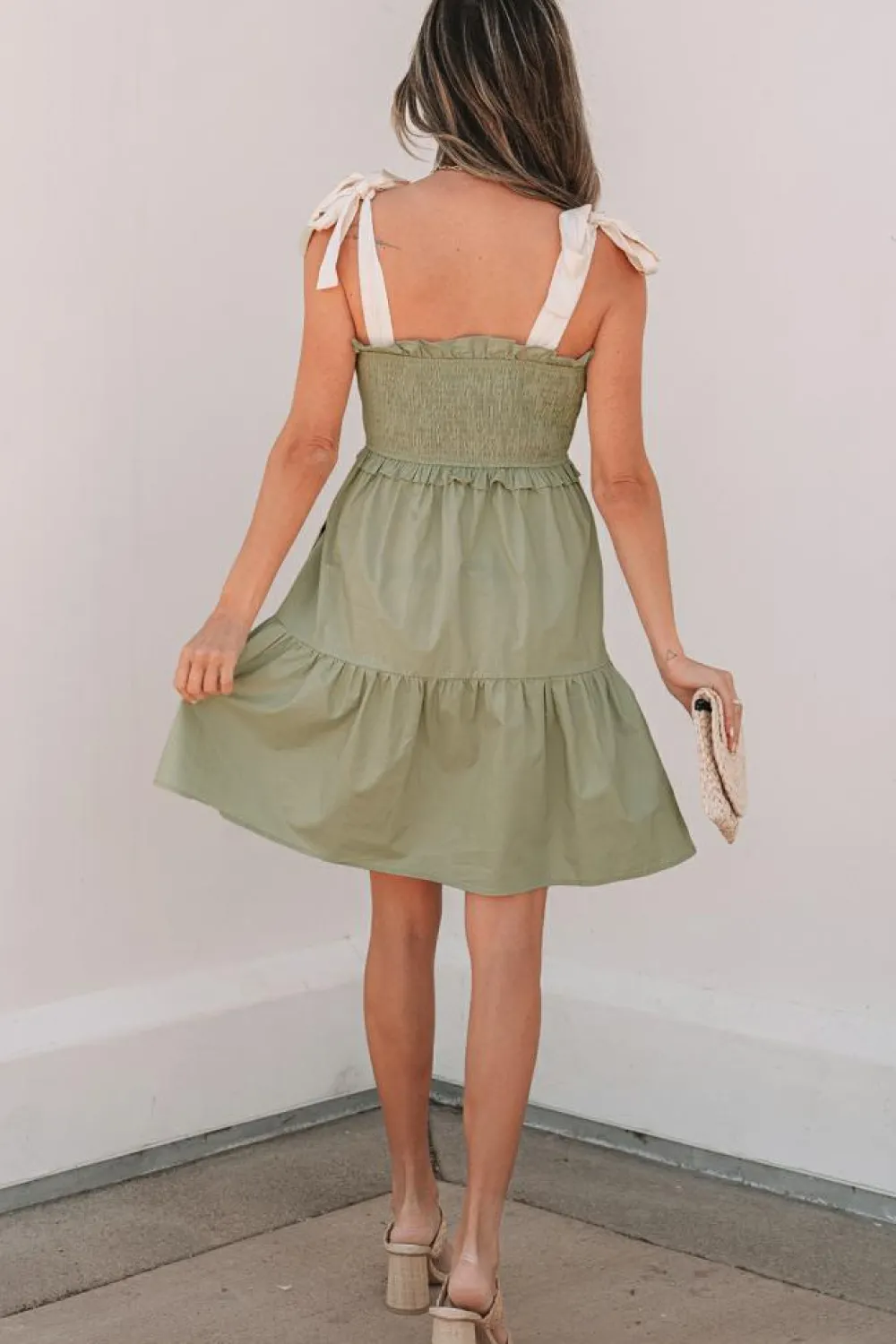 Sale Dear-Lover Smocked Bodice Self-tie Straps A-line Ruffled Mini Dress Laurel Green