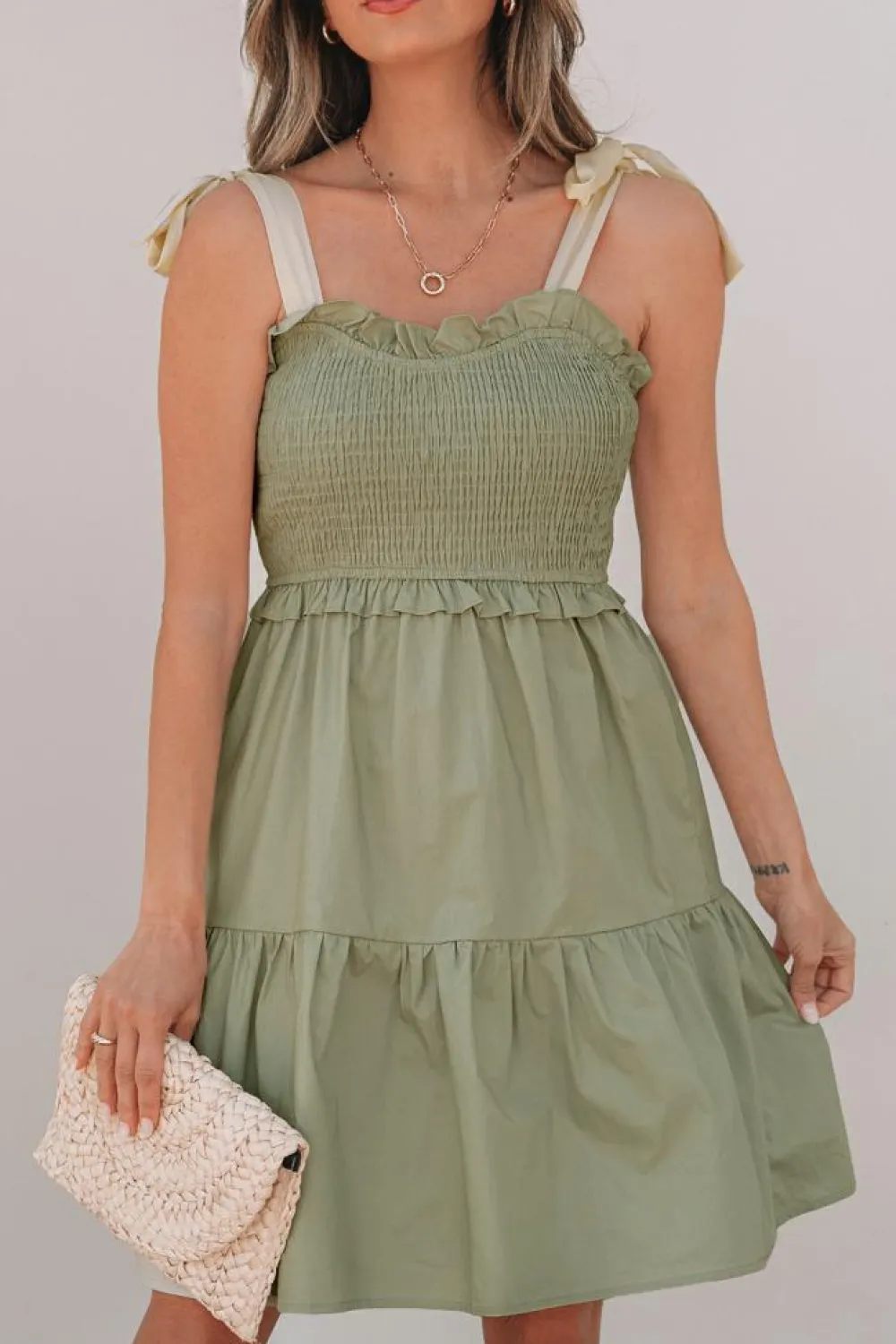 Sale Dear-Lover Smocked Bodice Self-tie Straps A-line Ruffled Mini Dress Laurel Green