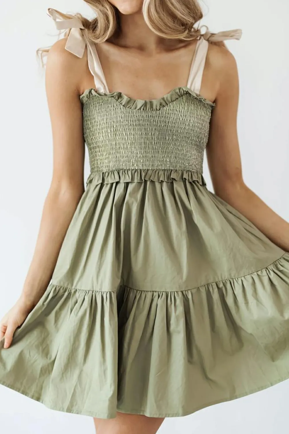 Sale Dear-Lover Smocked Bodice Self-tie Straps A-line Ruffled Mini Dress Laurel Green