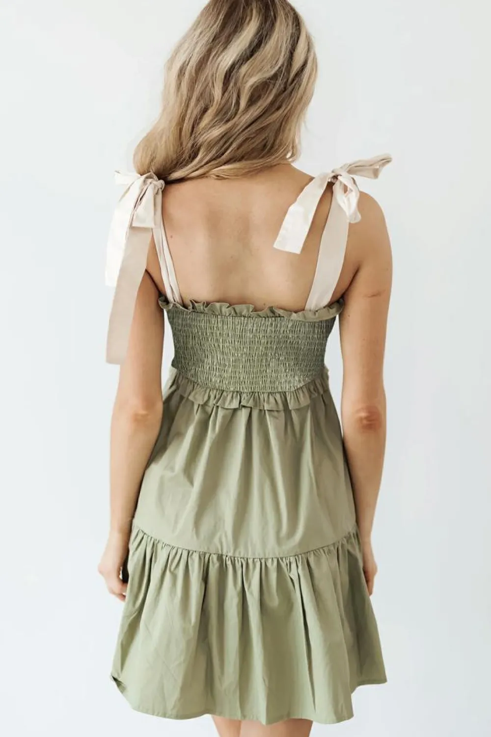 Sale Dear-Lover Smocked Bodice Self-tie Straps A-line Ruffled Mini Dress Laurel Green
