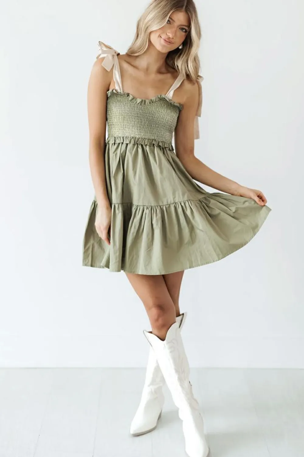 Sale Dear-Lover Smocked Bodice Self-tie Straps A-line Ruffled Mini Dress Laurel Green