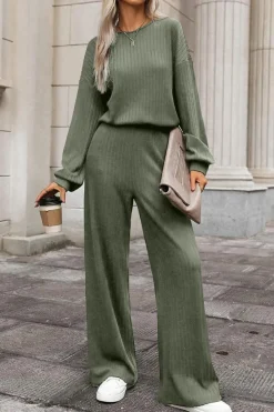 Clearance Dear-Lover Solid Ribbed Knit Keyhole Back High Waist Jumpsuit Laurel Green