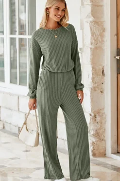 Clearance Dear-Lover Solid Ribbed Knit Keyhole Back High Waist Jumpsuit Laurel Green