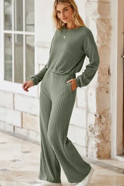 Clearance Dear-Lover Solid Ribbed Knit Keyhole Back High Waist Jumpsuit Laurel Green