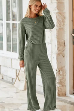 Clearance Dear-Lover Solid Ribbed Knit Keyhole Back High Waist Jumpsuit Laurel Green