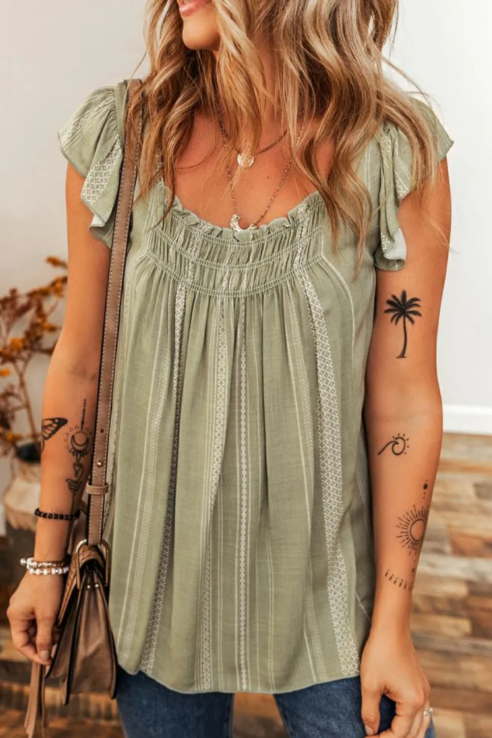 New Dear-Lover Stripes Ruffled Sleeve Shirred Round Neck Loose Fit Tank Top Laurel Green