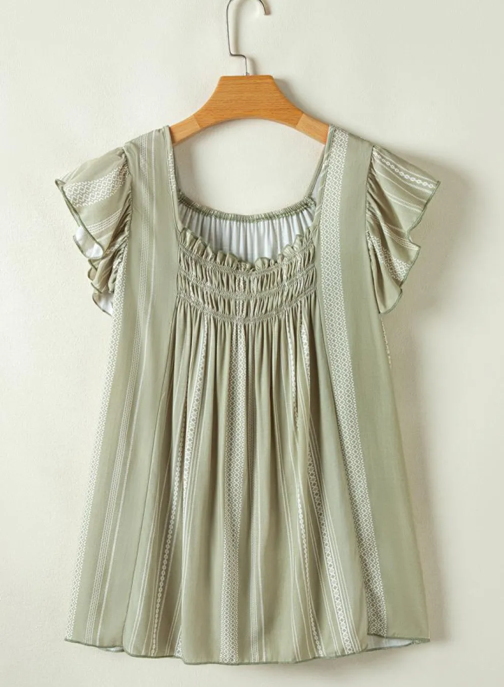 New Dear-Lover Stripes Ruffled Sleeve Shirred Round Neck Loose Fit Tank Top Laurel Green