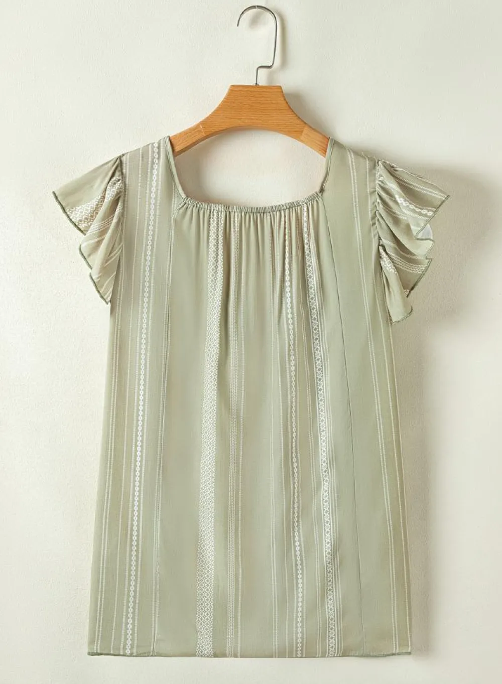 New Dear-Lover Stripes Ruffled Sleeve Shirred Round Neck Loose Fit Tank Top Laurel Green