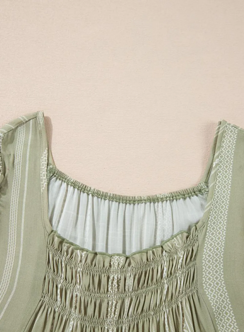 New Dear-Lover Stripes Ruffled Sleeve Shirred Round Neck Loose Fit Tank Top Laurel Green