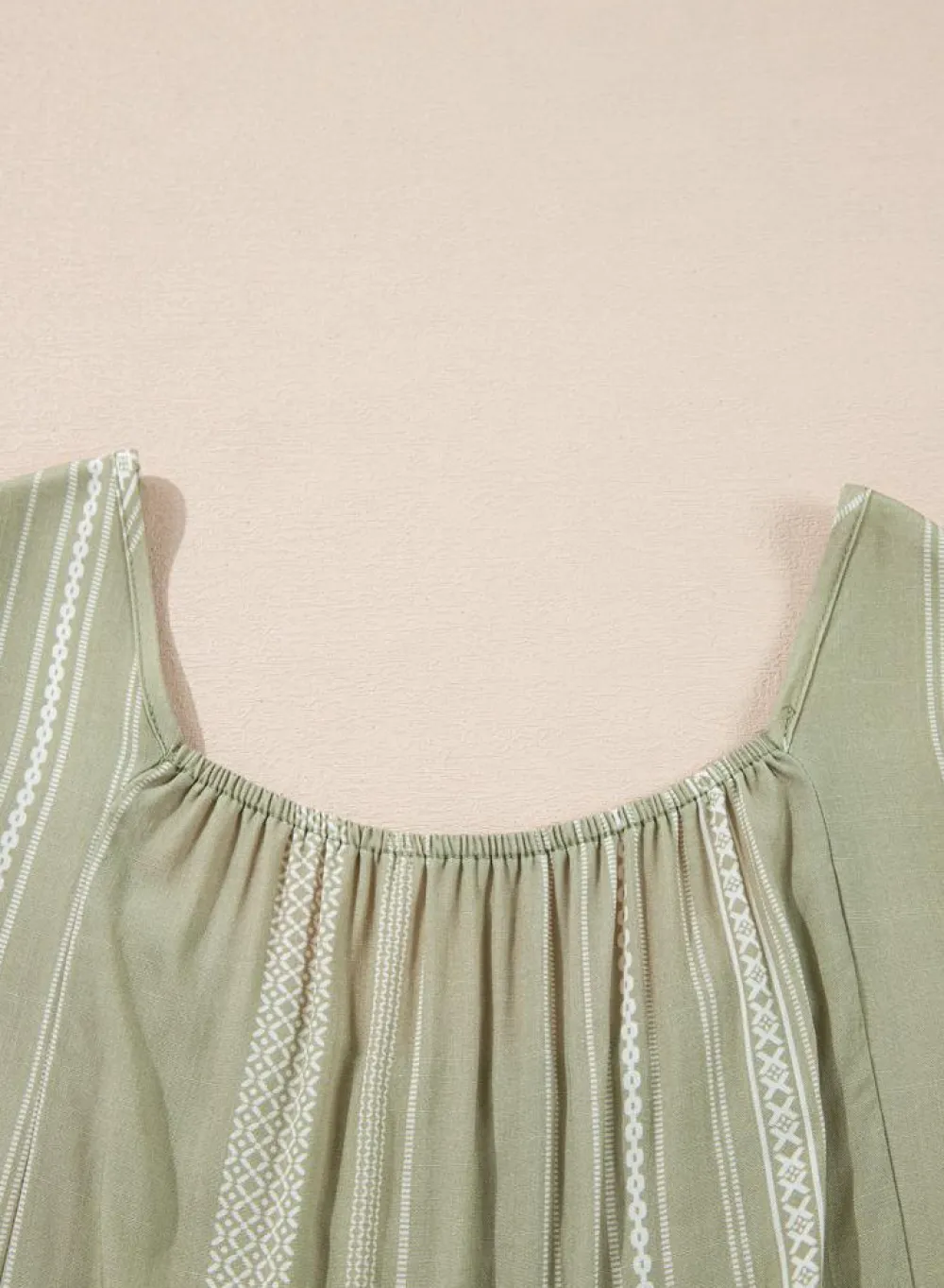 New Dear-Lover Stripes Ruffled Sleeve Shirred Round Neck Loose Fit Tank Top Laurel Green