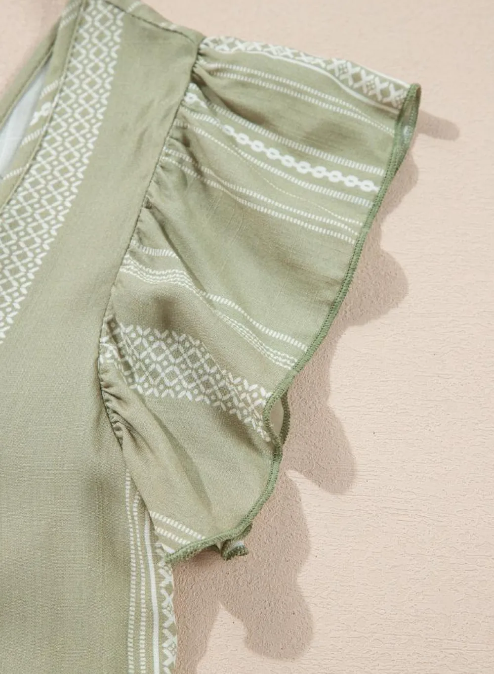 New Dear-Lover Stripes Ruffled Sleeve Shirred Round Neck Loose Fit Tank Top Laurel Green