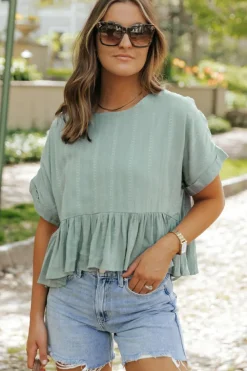 New Dear-Lover Textured Ruffled Hem Short Sleeve Blouse Laurel Green