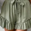 New Dear-Lover Textured Tie Waist Ruffle Hem Shorts Laurel Green