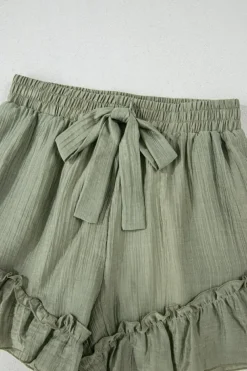 New Dear-Lover Textured Tie Waist Ruffle Hem Shorts Laurel Green