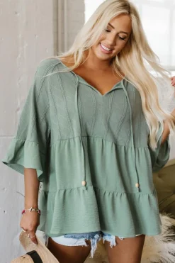 Online Dear-Lover Tie Split Neck Textured Ruffle Patchwork Blouse Laurel Green